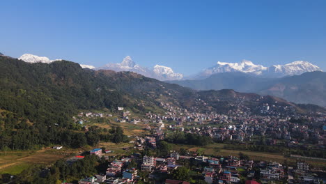 panoramic view of mountains and city pokhara in nepal - drone shot