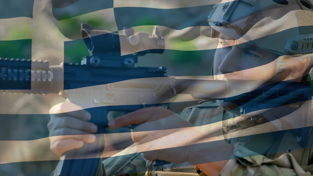 무기를 들고 있는 군인 위에 있는 그리스의 발의 애니메이션