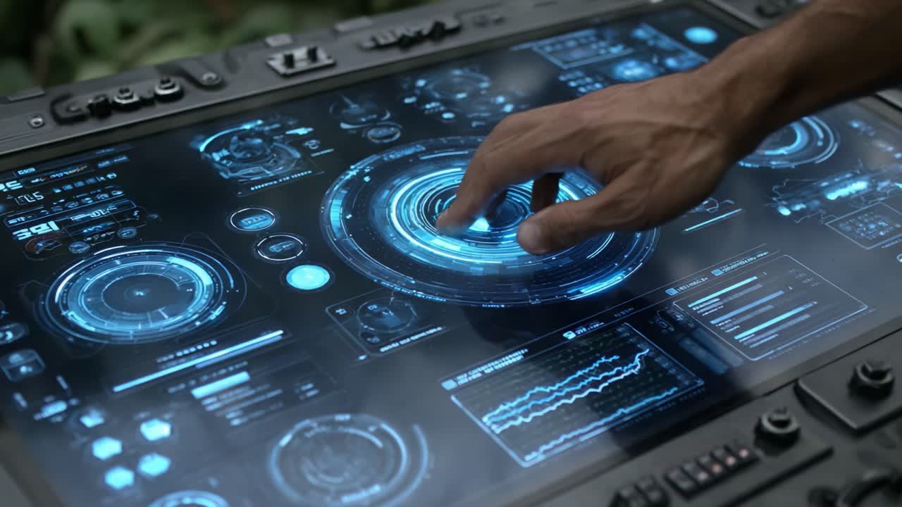 A Close-Up View of an Advanced Touchscreen Interface with Interactive Data Displays and Visualizations for Technological Analysis and Control in a Futuristic Setting
