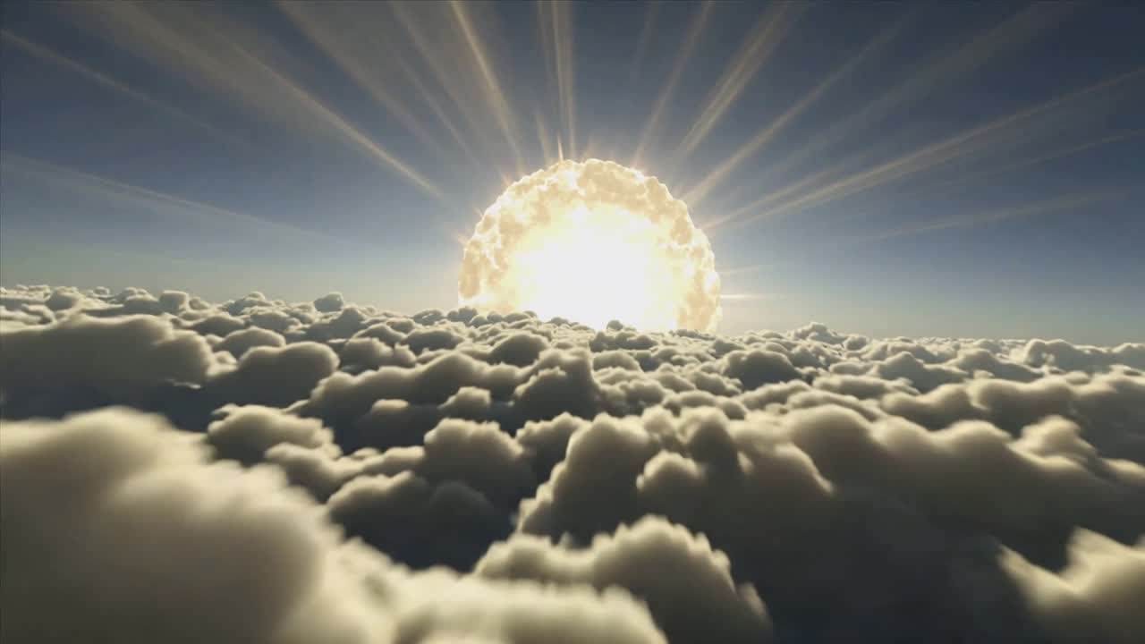 Telecamera che avanza attraverso un barattolo di vetro su una sporgenza sopra le nuvole, rivelando una sfera luminosa.