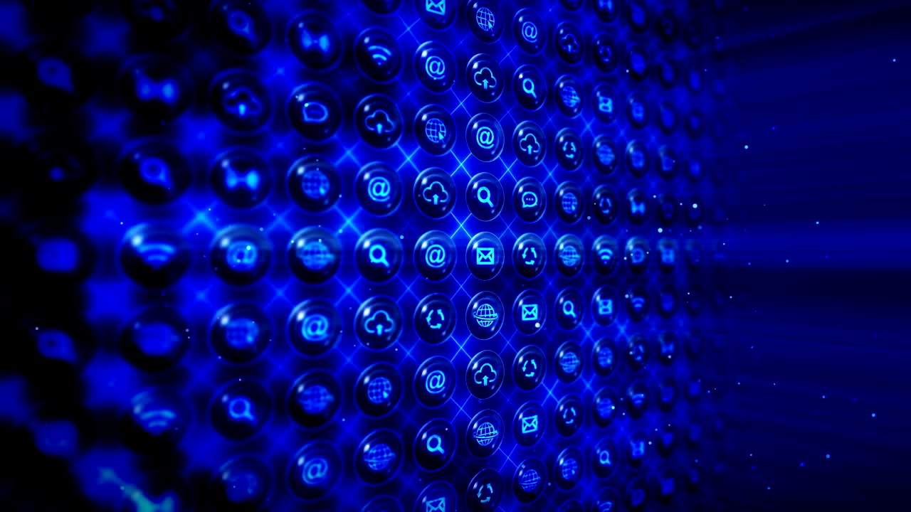 conjunto de iconos web, fondo de comunicación en internet, animación de bucle cg,
