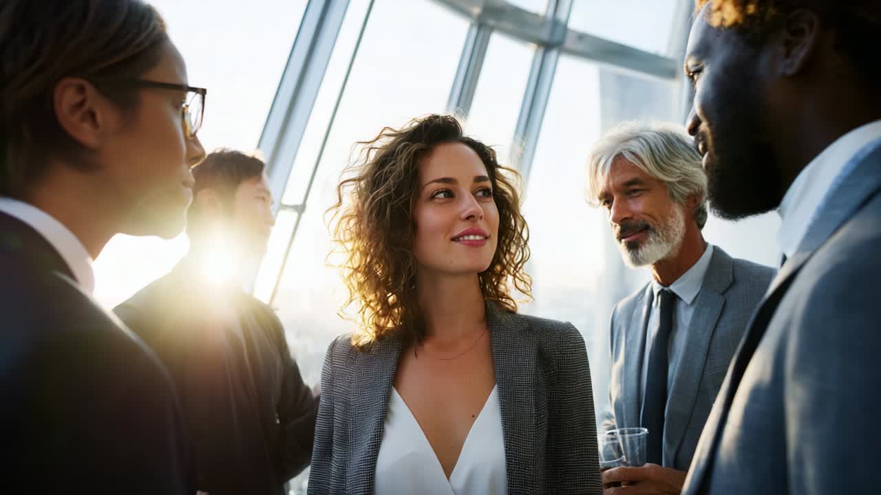 Engaging Discussion Among Business Professionals in a Modern High-Rise Setting During Golden Hour, Featuring Diverse Individuals Participating in Dynamic Conversations with a Focus on Shared Ideas and Connectivity