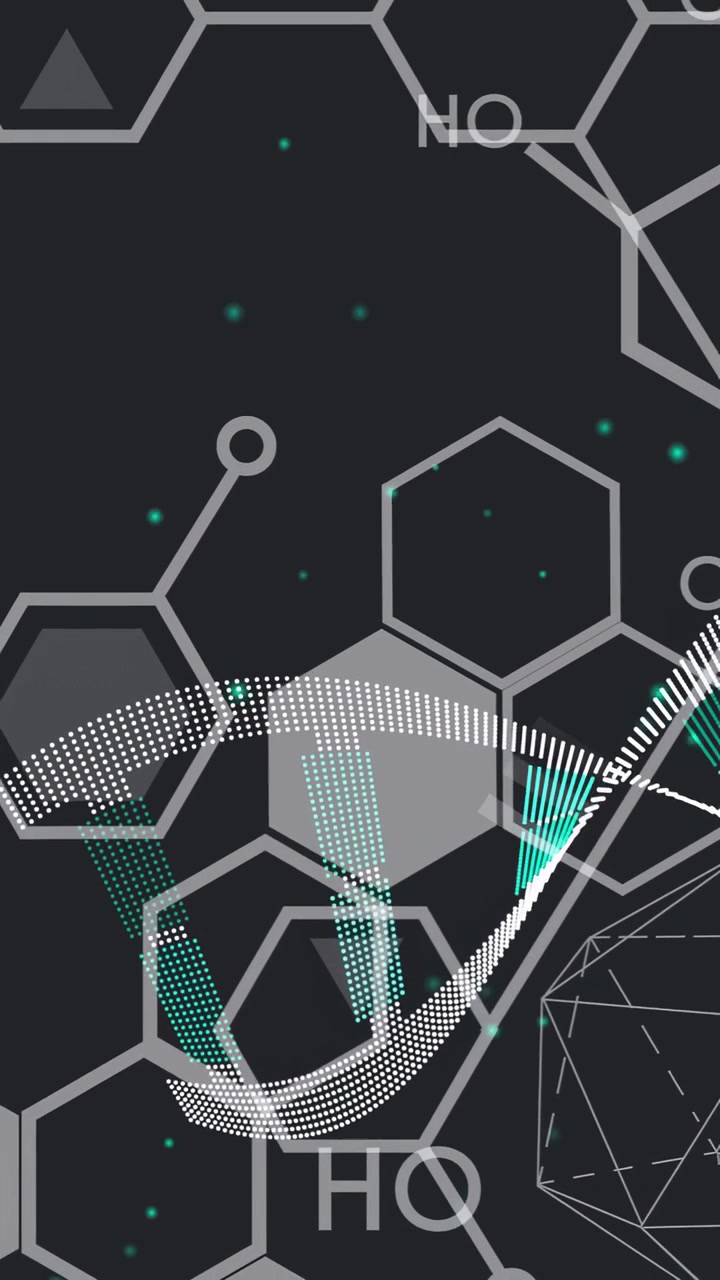 Vertical video: Loop starting, DNA ribbon undulating right, showing bio data with pulsing teal bars