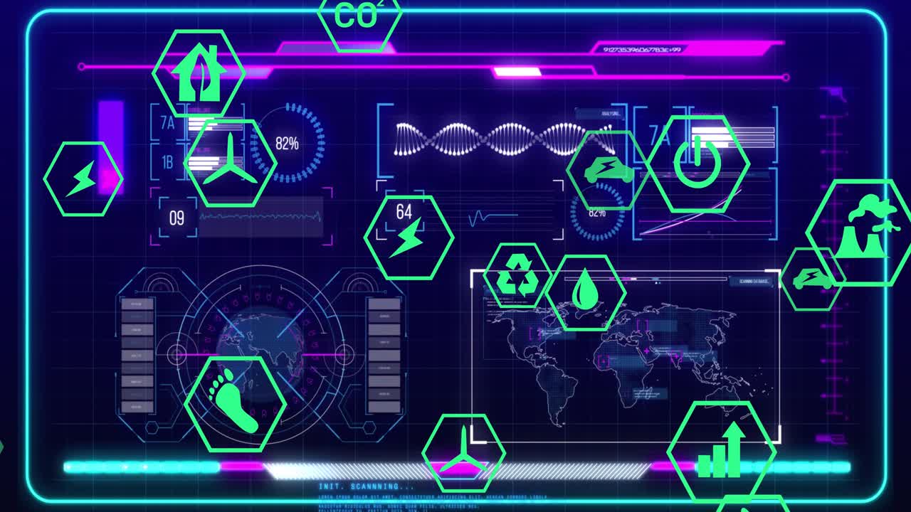 Opening second starting CO2 rising as neon icons shifting, visualizing environmental metrics