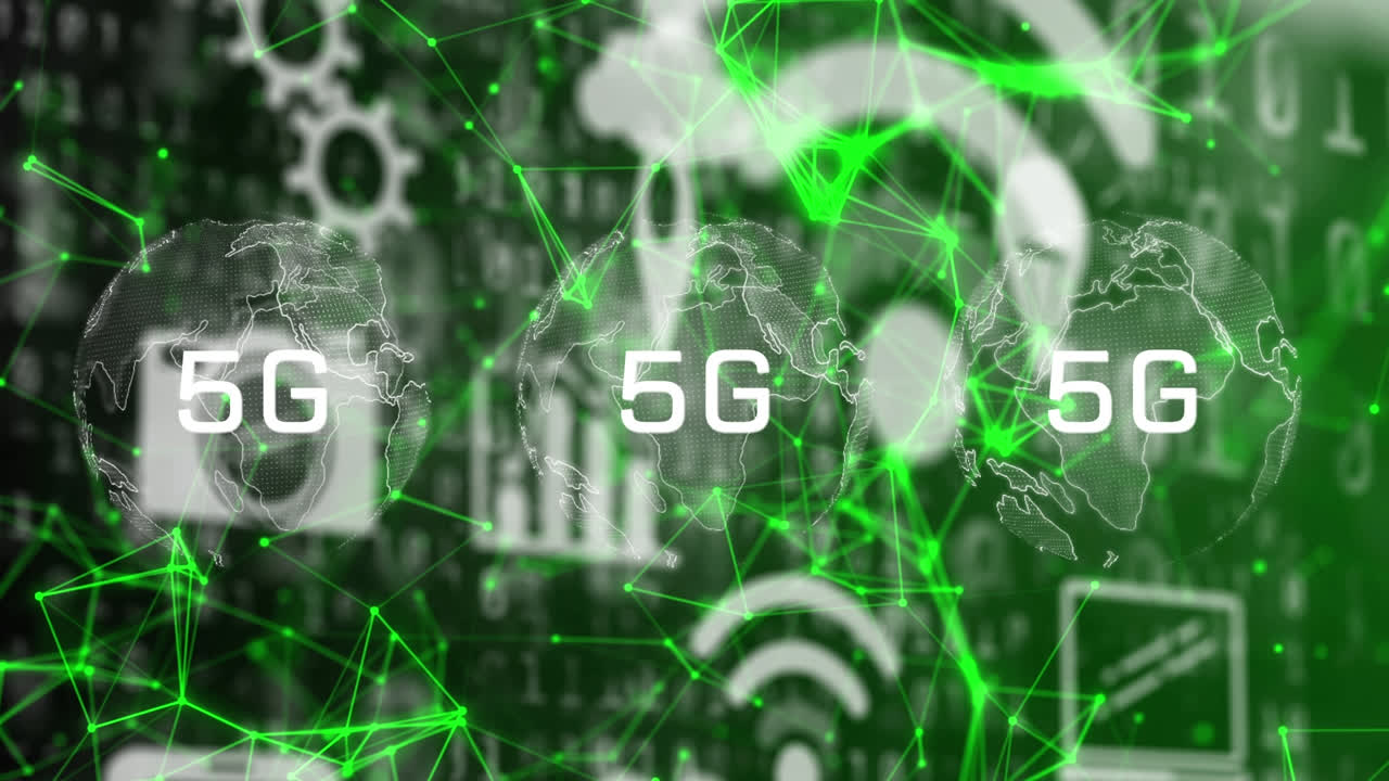 animación de 5g en todo el mundo y conexiones en pantalla digital con iconos tecnológicos