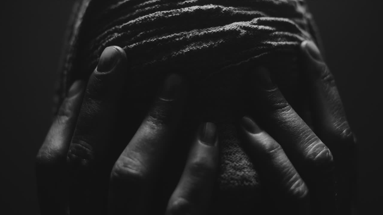 A mummified woman against the dark background in keeps her hands on her face the powerful pose full of despair