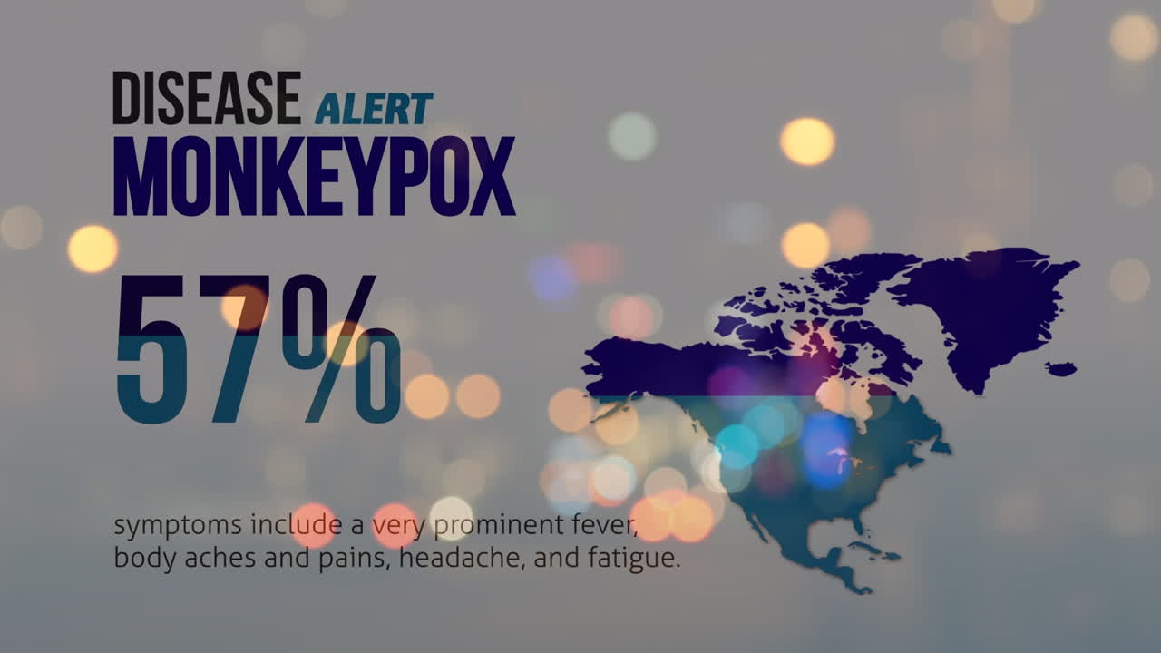 Animation of monkey pox alert 57 percent over world map and night road traffic