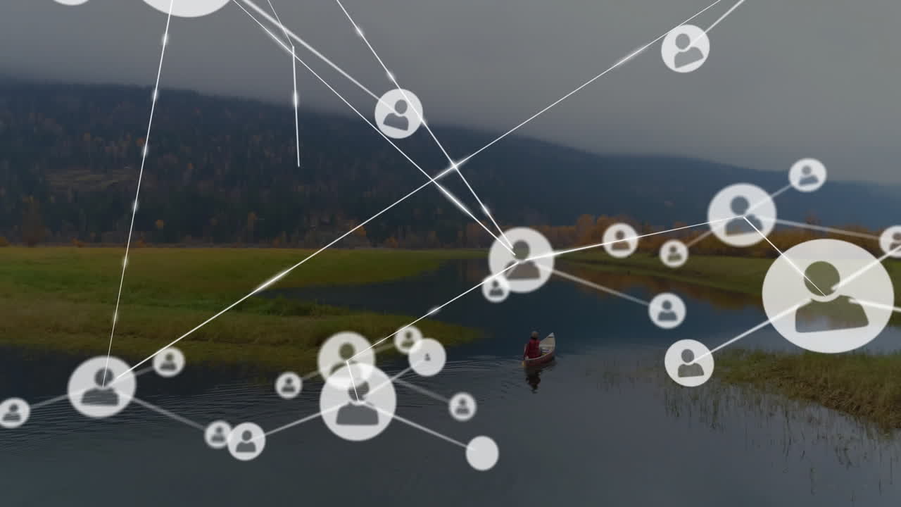 연결 네트워크 및 사용자 아이콘 애니메이션 호수와 함께 조용한 풍경