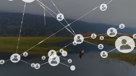 network of connections and user icons animation over serene landscape with lake