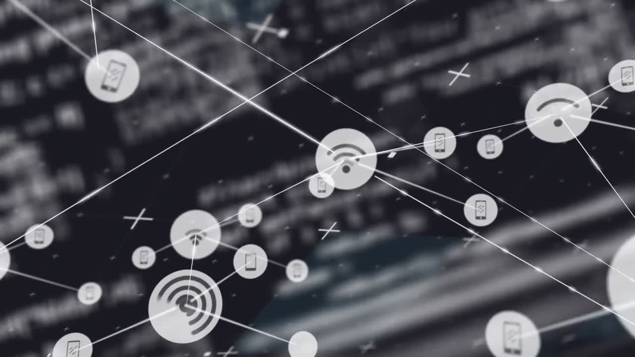 검은 바탕에 미디어 아이콘으로 데이터 처리의 애니메이션