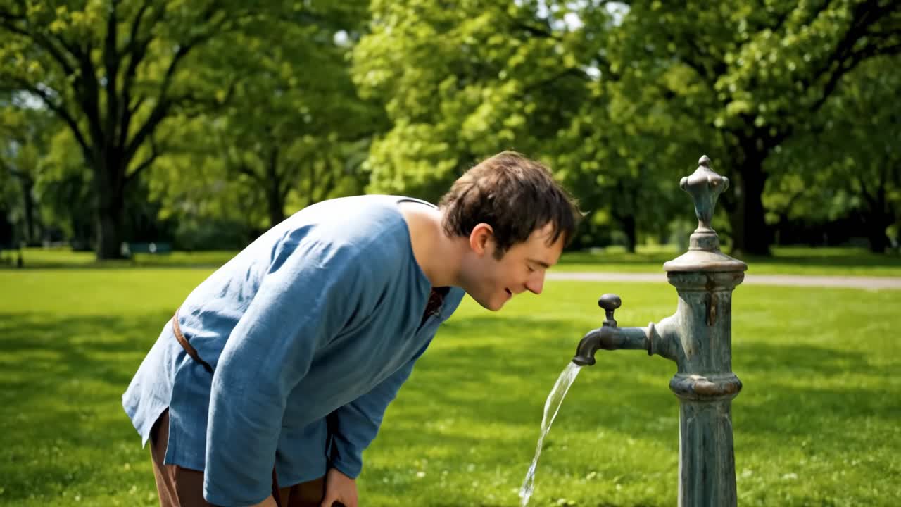 Man Drinking Water From Water Pump In Park