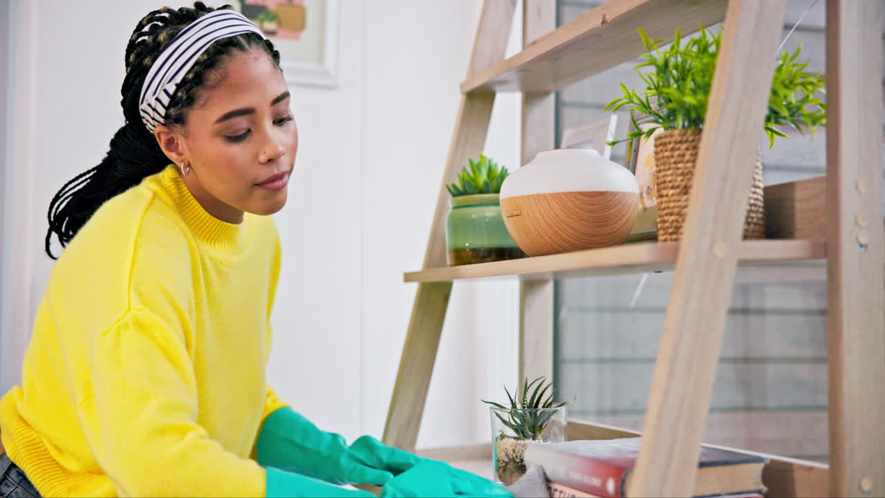 Dust cleaning, woman and home with wash cloth