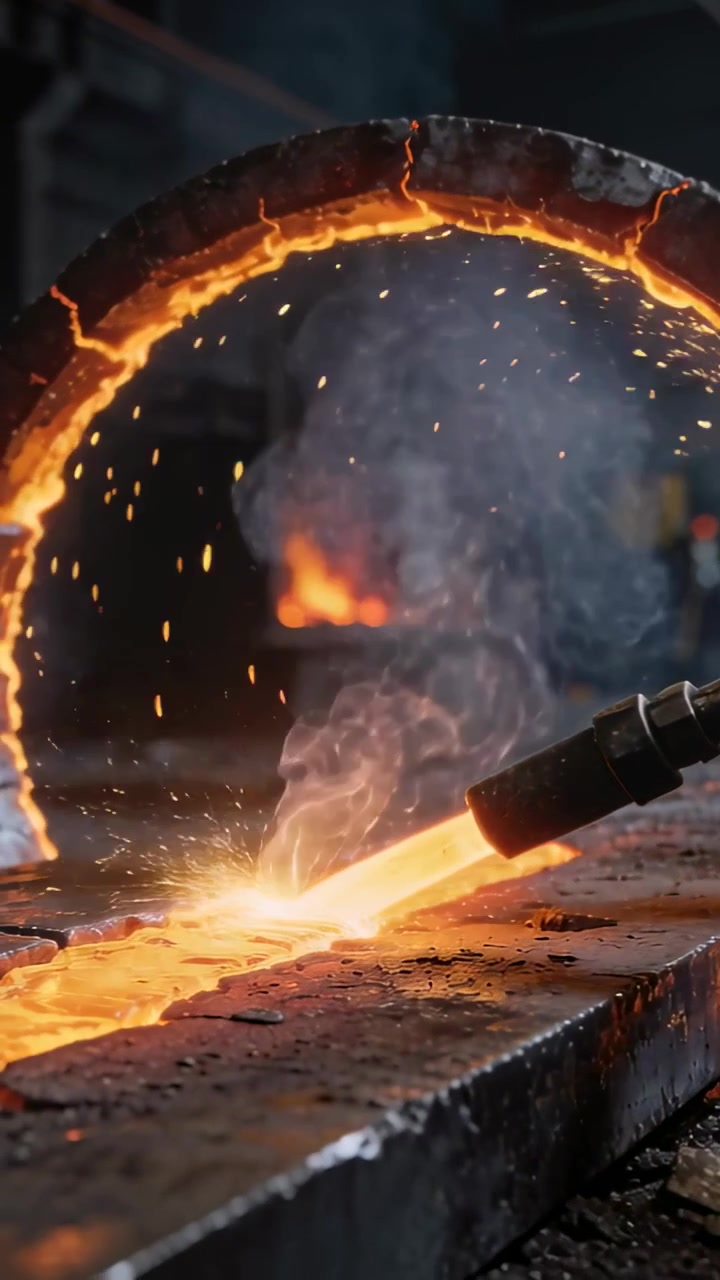 Vertical video: Melting metal, torch applying heat on plate in shop, cutting molten groove and ring