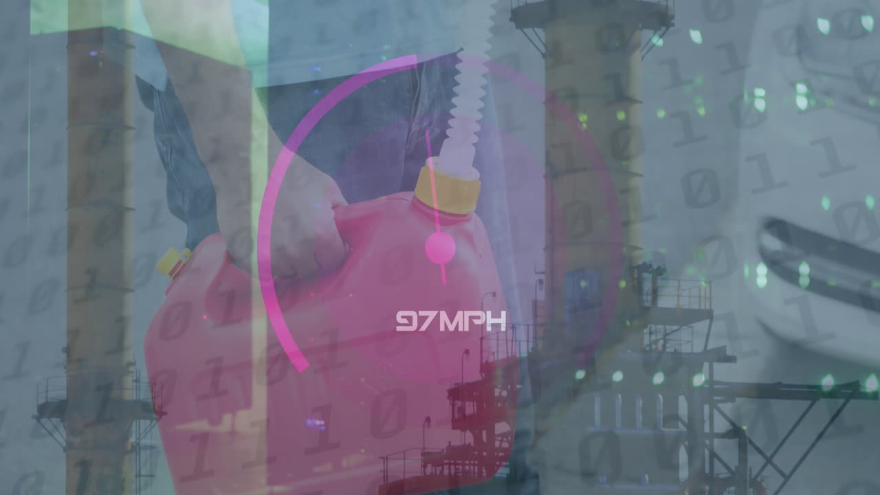 animación del procesamiento de datos sobre un hombre caucásico abasteciendo de combustible un coche en una gasolinera