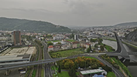 usti nad labem czechia aerial v2 establishing shot drone flyover strekov towards mesto capturing cityscape on the bend of elbe river and hillside hotel větruše - shot with mavic 3 cine - november 2022
