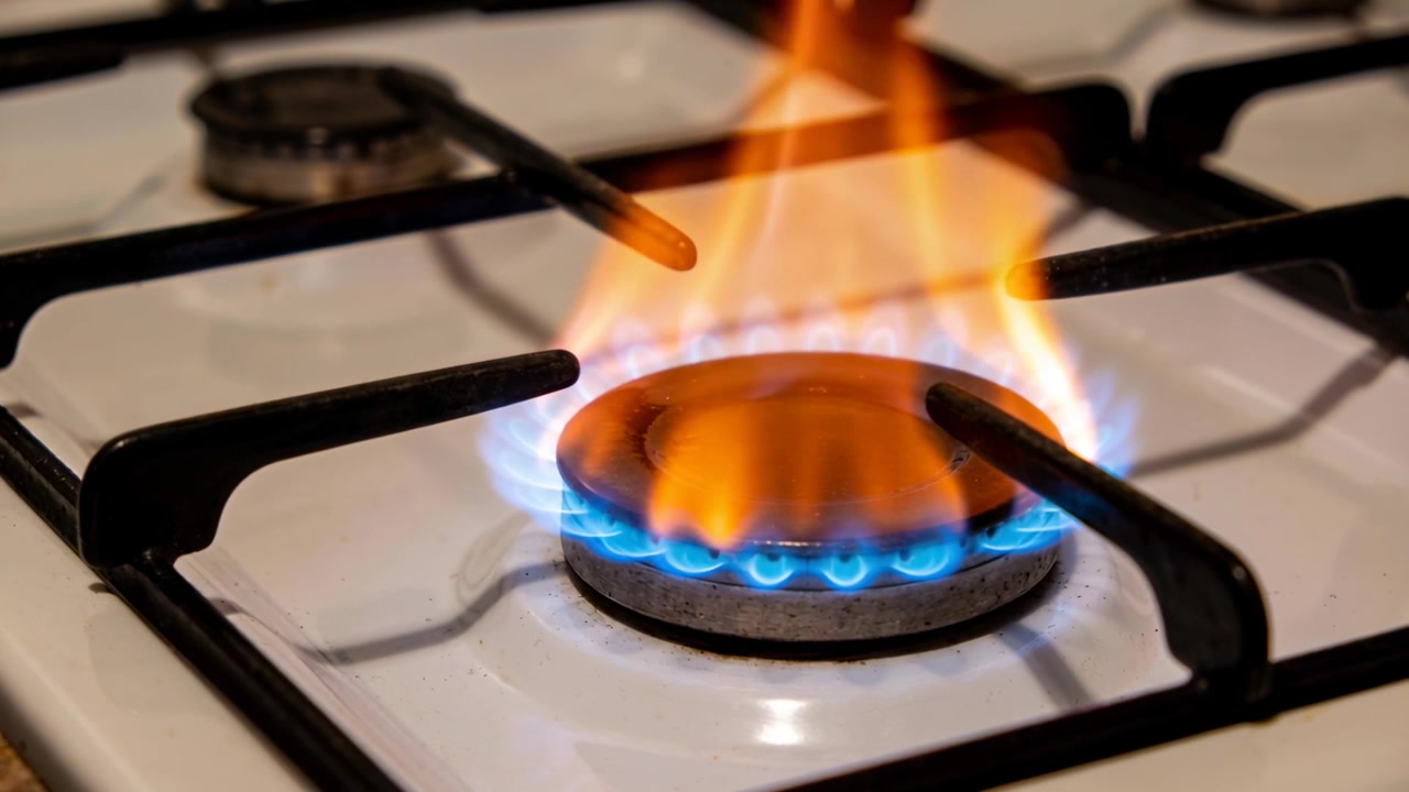 Chispa encendiendo el quemador, produciendo una base azul y una llama naranja en una estufa blanca con rejillas de hierro fundido.