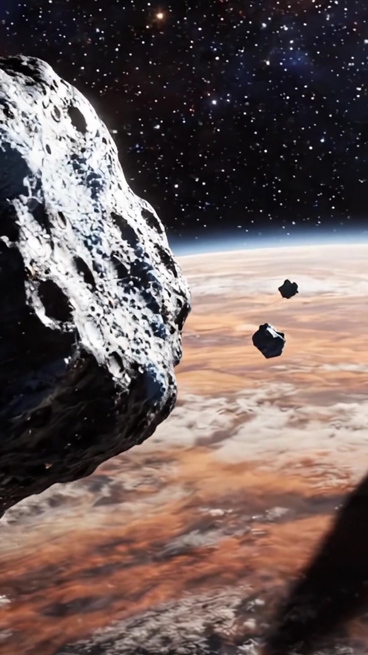 Una vista mozzafiato di un campo di asteroidi in orbita attorno a un gigante gassoso, che cattura le profondità mozzafiato dello spazio con corpi celesti dinamici e sfondi stellati.