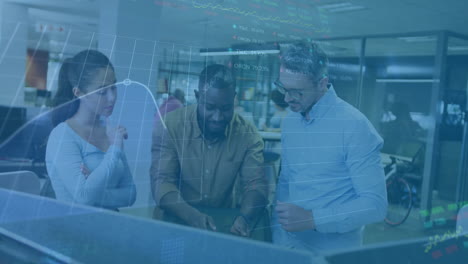 animation of financial data processing over diverse business people in office