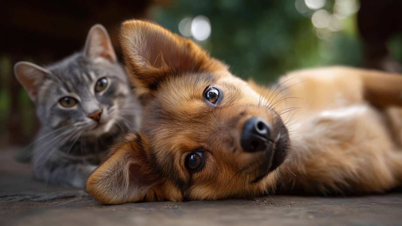 Adorable Dog and Cat Companions Relaxing Together on a Warm, Sunny Day, Showcasing Their Unique Personalities and Close Bond in a Backyard Setting