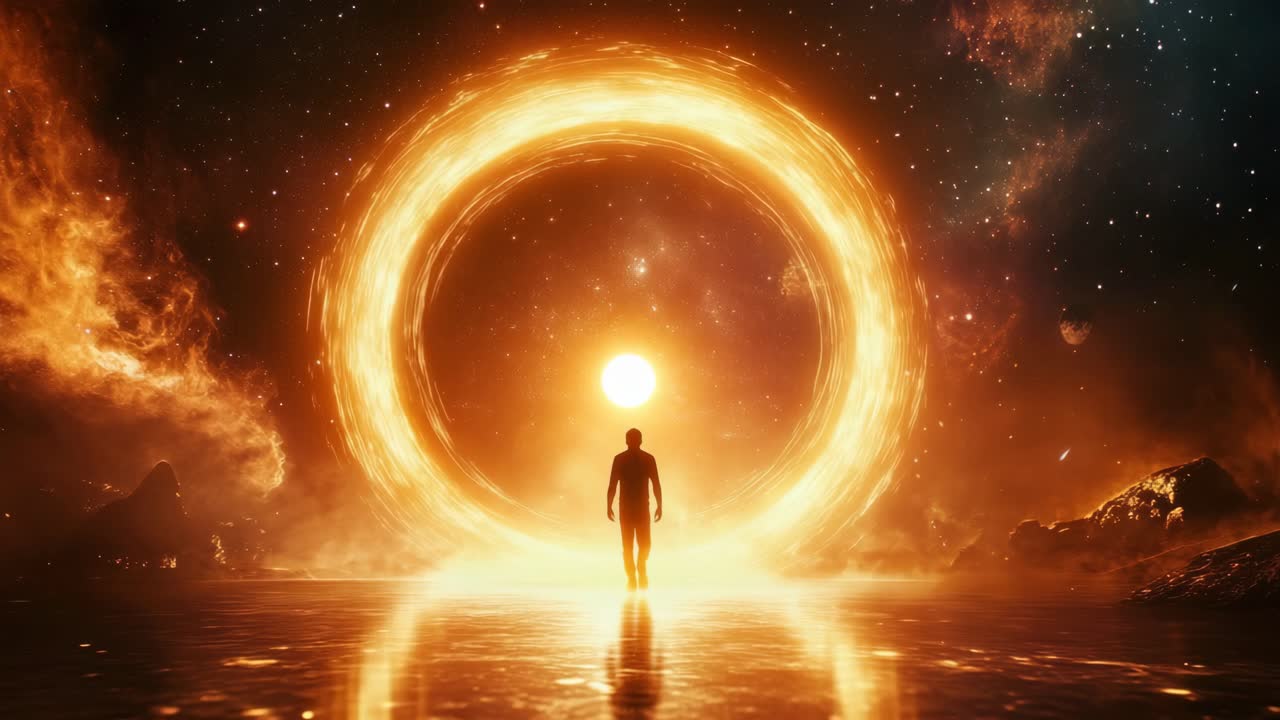 Silhouette of a person walking into a glowing portal in space