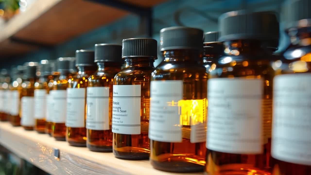 Botellas de vidrio ámbar en un estante