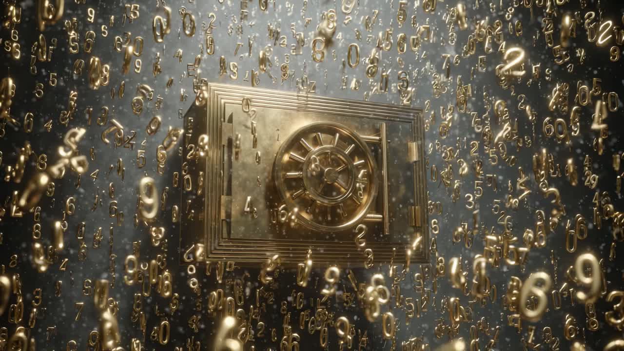 Shiny golden numbers gracefully floating around a mysterious closed safe on a dark, textured background, creating a visual metaphor for digital finance, data security, and wealth protection