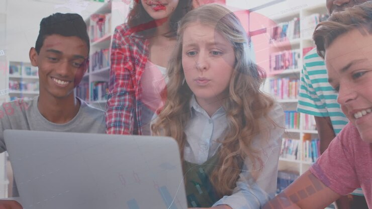 Animation of data processing over diverse students using laptop