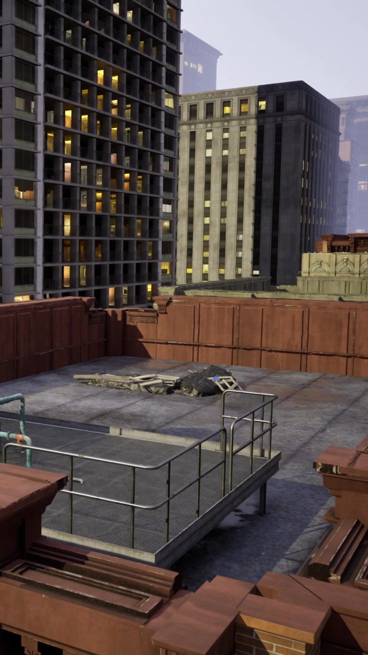 View of a rooftop area in a city with buildings and construction debris