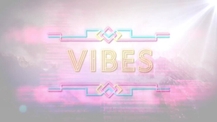Animation of the word vibes in yellow with graphic elements over pink data and sunlight