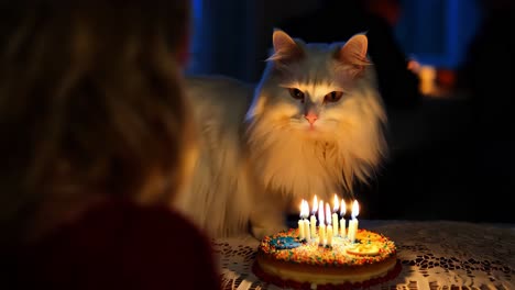 a white cat celebrates a birthday cake