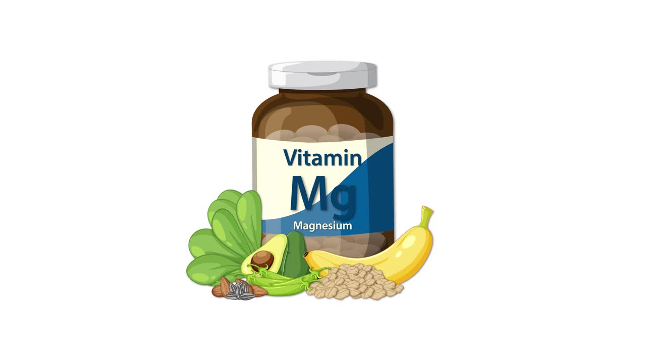Magnesium supplement bottle with leafy greens, avocado, banana, and seeds animating in clean style
