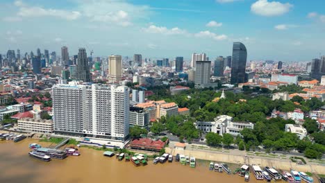 phnom penh, cambodia mekong riverfront city buildings southeast asia, aerial