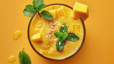 Frischer-Mango-Smoothie-Mit-Minzblättern-Und-Mangostücken