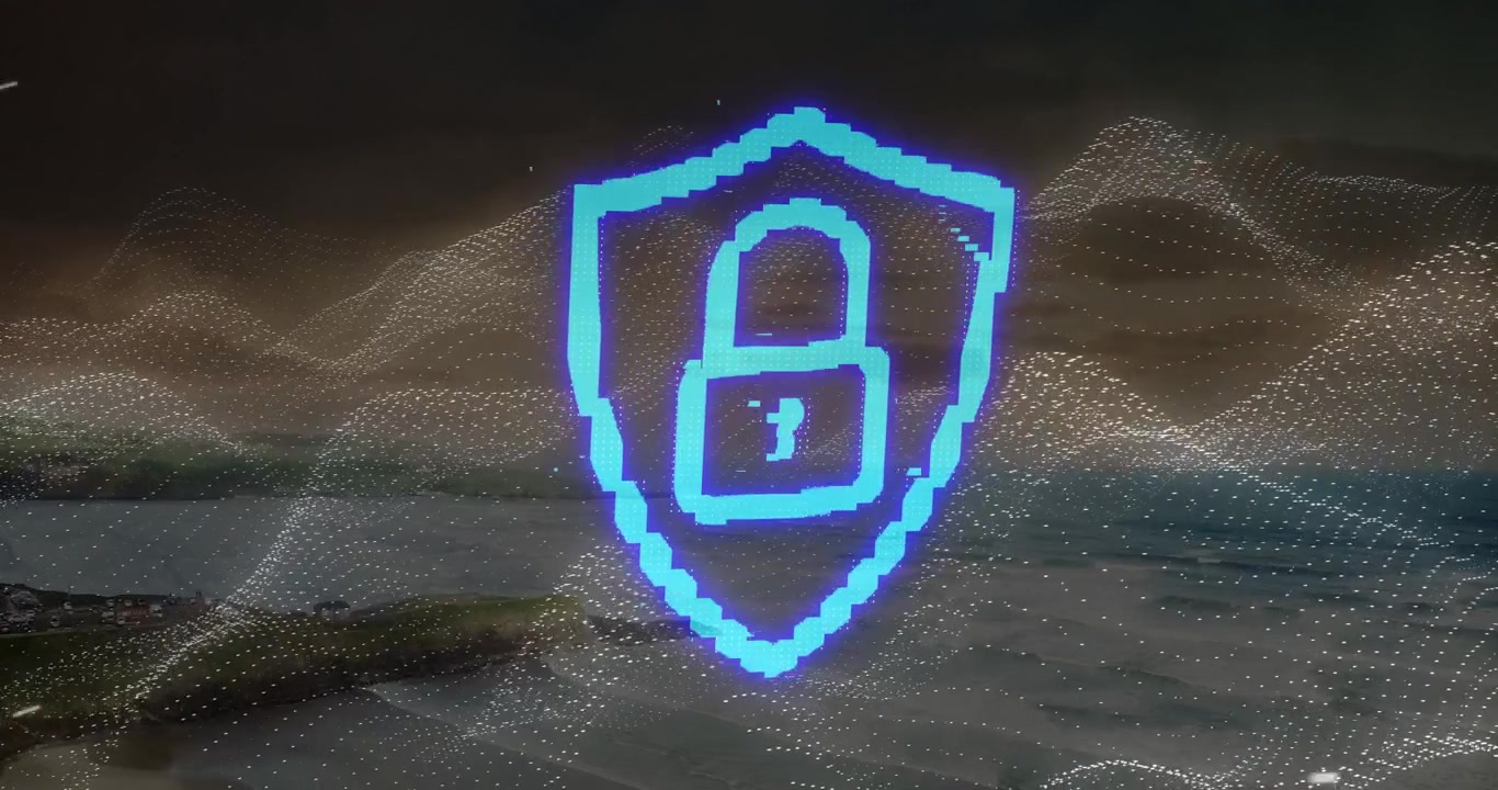 Digital Security Shield Icon Overlaid on Abstract Landscape