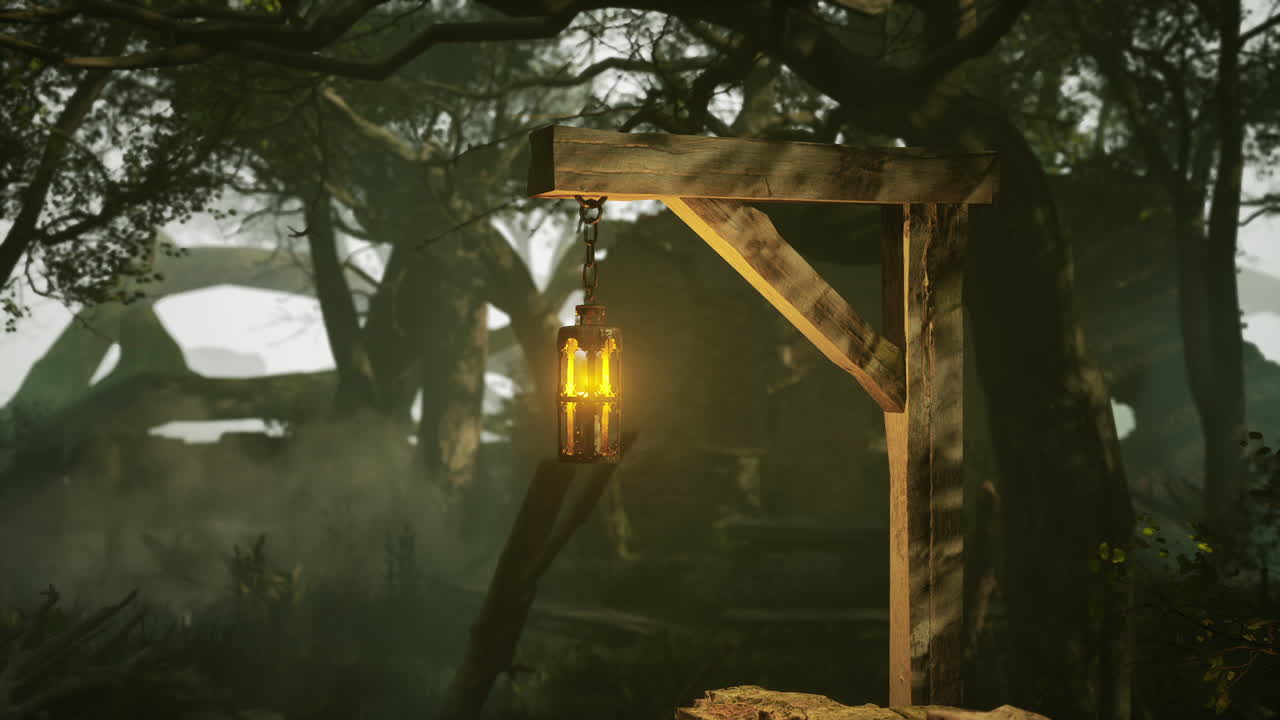 Lamp illuminating dark forest