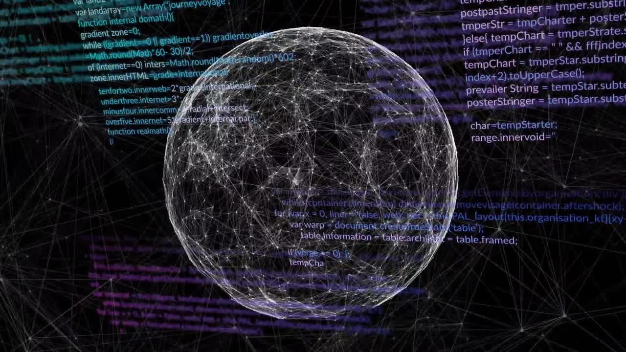 Scene starting wireframe sphere rotating clockwise, revealing nodes and visualizing network