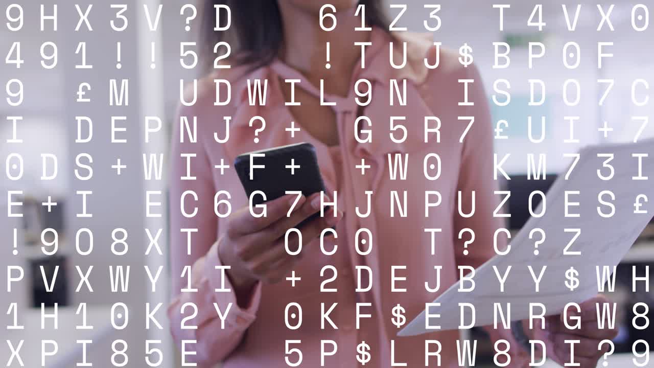 Business pro checking phone and docs, tapping and comparing while code overlay scrolling over frame