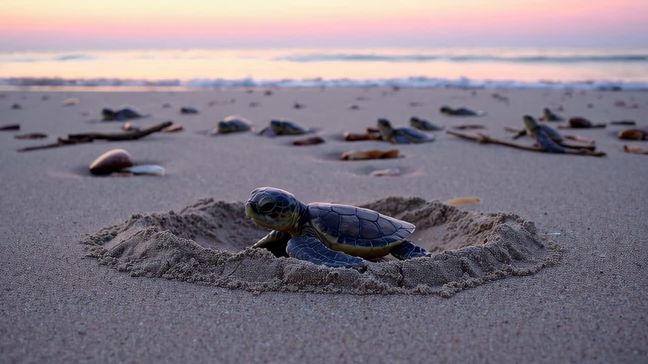 Baby Sea Turtles Hatching on a Beach at Sunrise