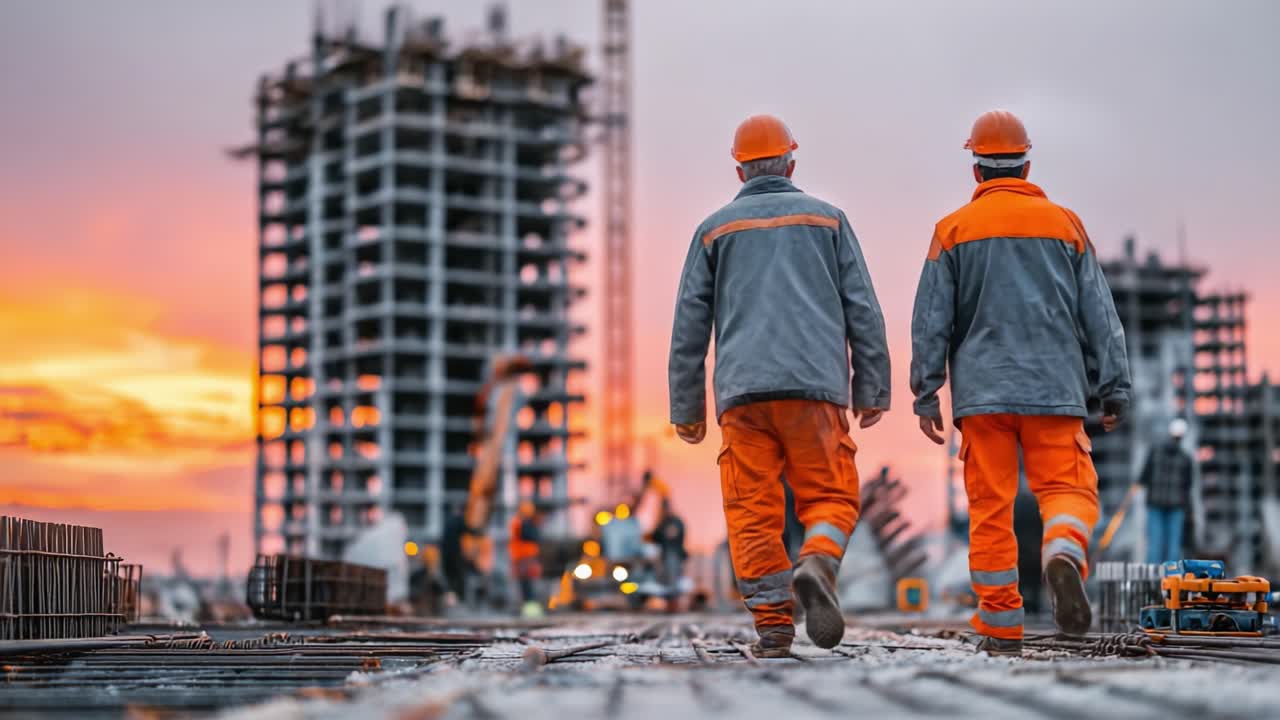 Construction Workers Walking Towards a Sunset in an Urban Development Site, Showcasing Safety Gear and Ongoing Construction Activities with Tower Cranes and Modern Equipment