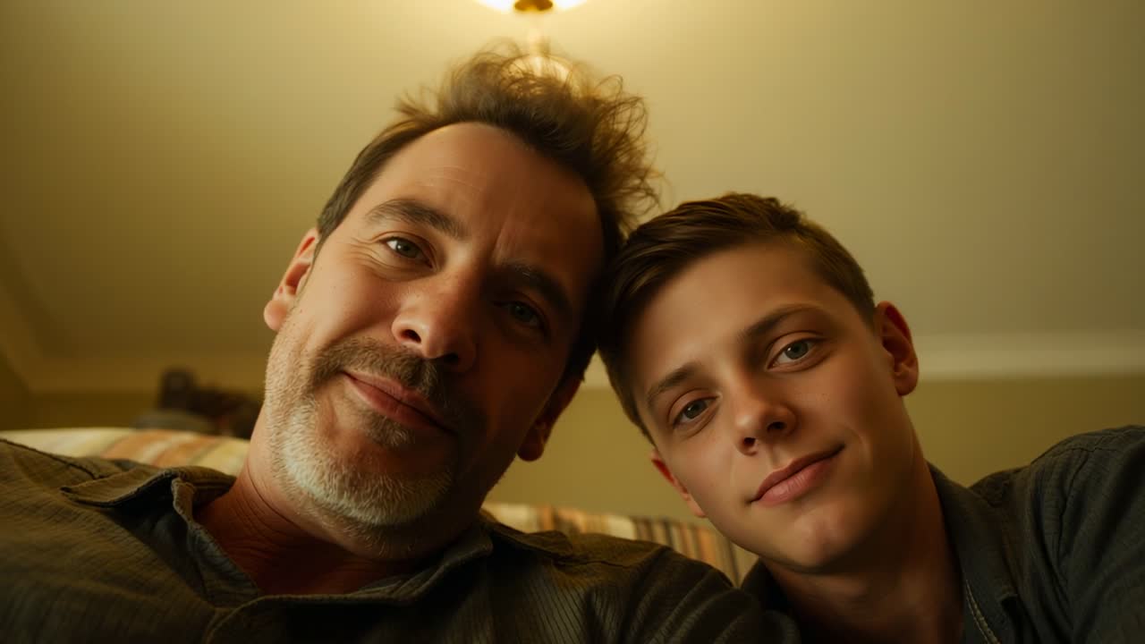 Padre e figlio adolescente sorridenti, che si appoggiano e registrano un video con il telefono sul divano sotto la luce del soffitto, per conservare un ricordo
