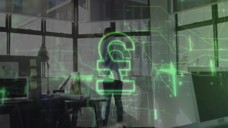 in office, person working with digital animation of pound symbol and data