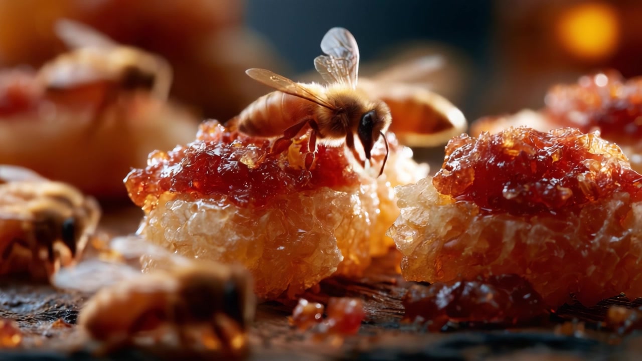 A Close-Up Exploration of Honeycomb and Bees: Nature's Busy Workers Nurturing Sweet Treasures in a Beautifully Crafted Environment Full of Life and Flavor