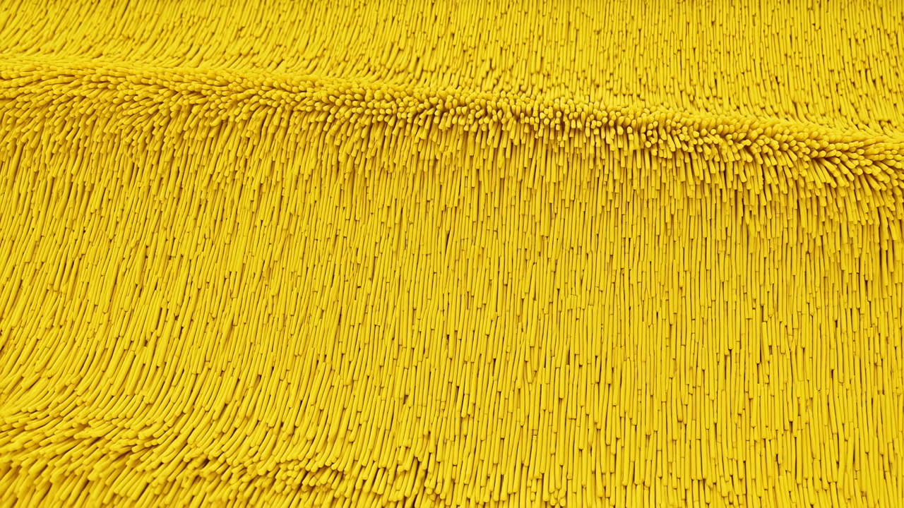 Yellow Shag Carpet Closeup Shows Dense Plush Pile And Elongated Fibers Creating Rhythmic Linear Pattern, Ideal