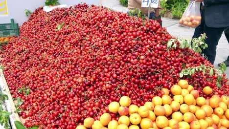 fresh cherries and apricots at a market stall