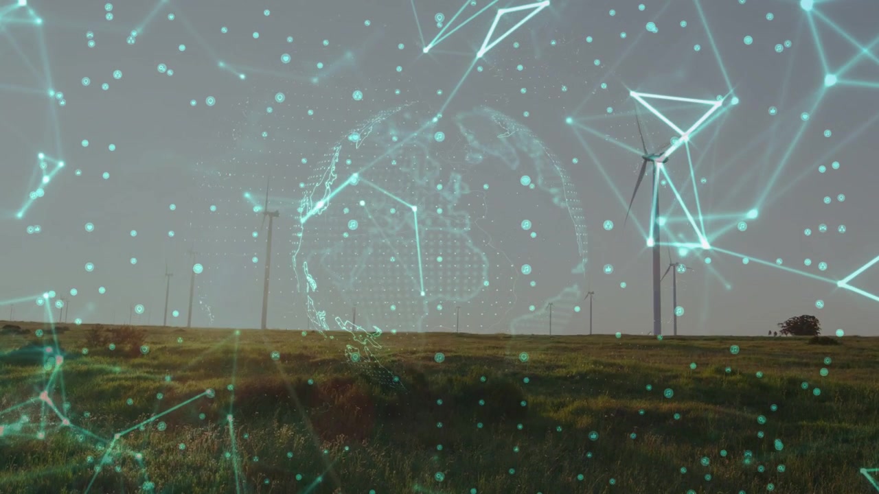 Faint teal dots appearing over wind farm, forming holographic globe, mapping renewable energy grids