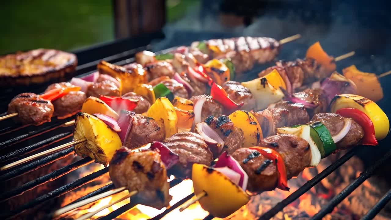 Close-up, eye-level shot of colorful skewers grilling, capturing vibrant veggies and meats