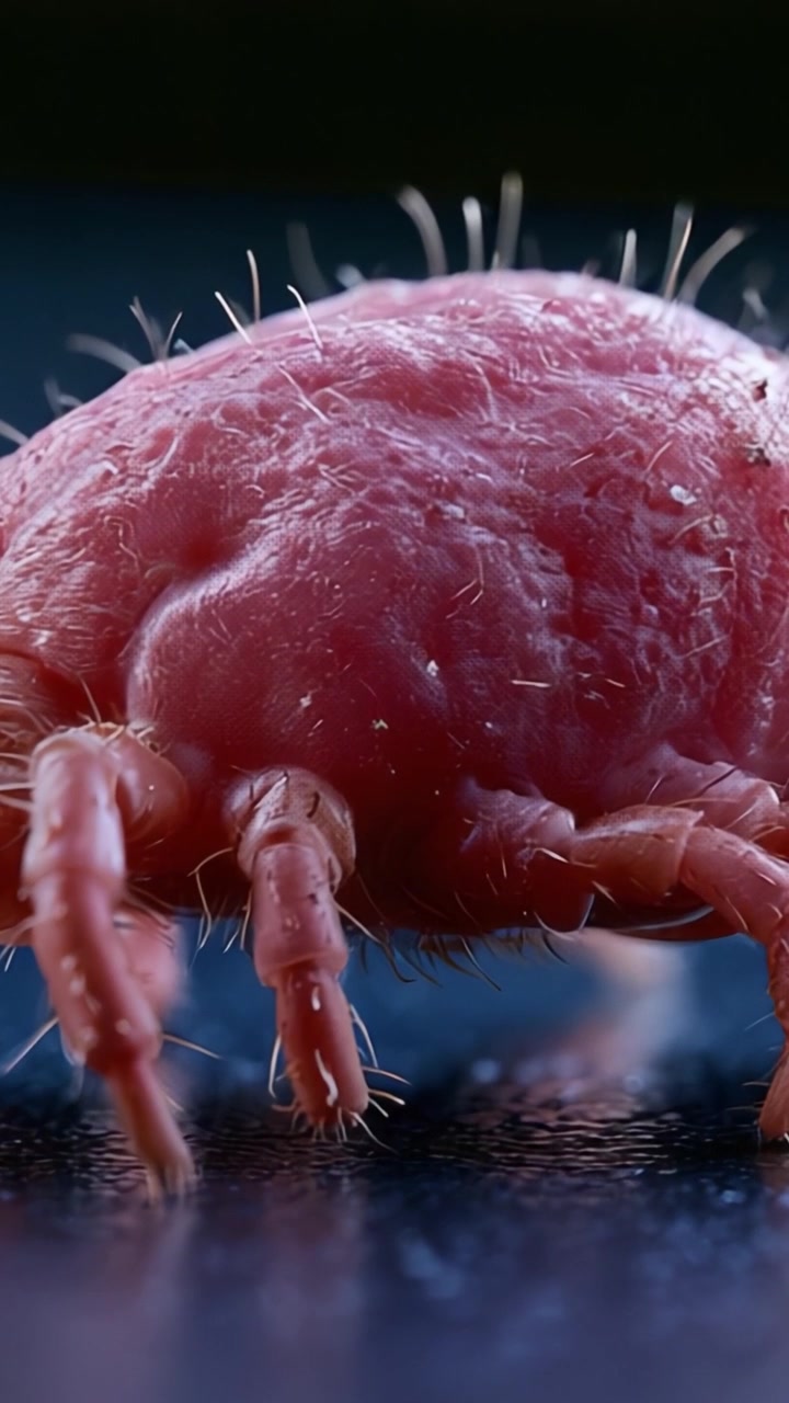 Primo piano dettagliato di un acaro microscopico che mostra le sue caratteristiche uniche e le qualità strutturali su uno sfondo sfocato.