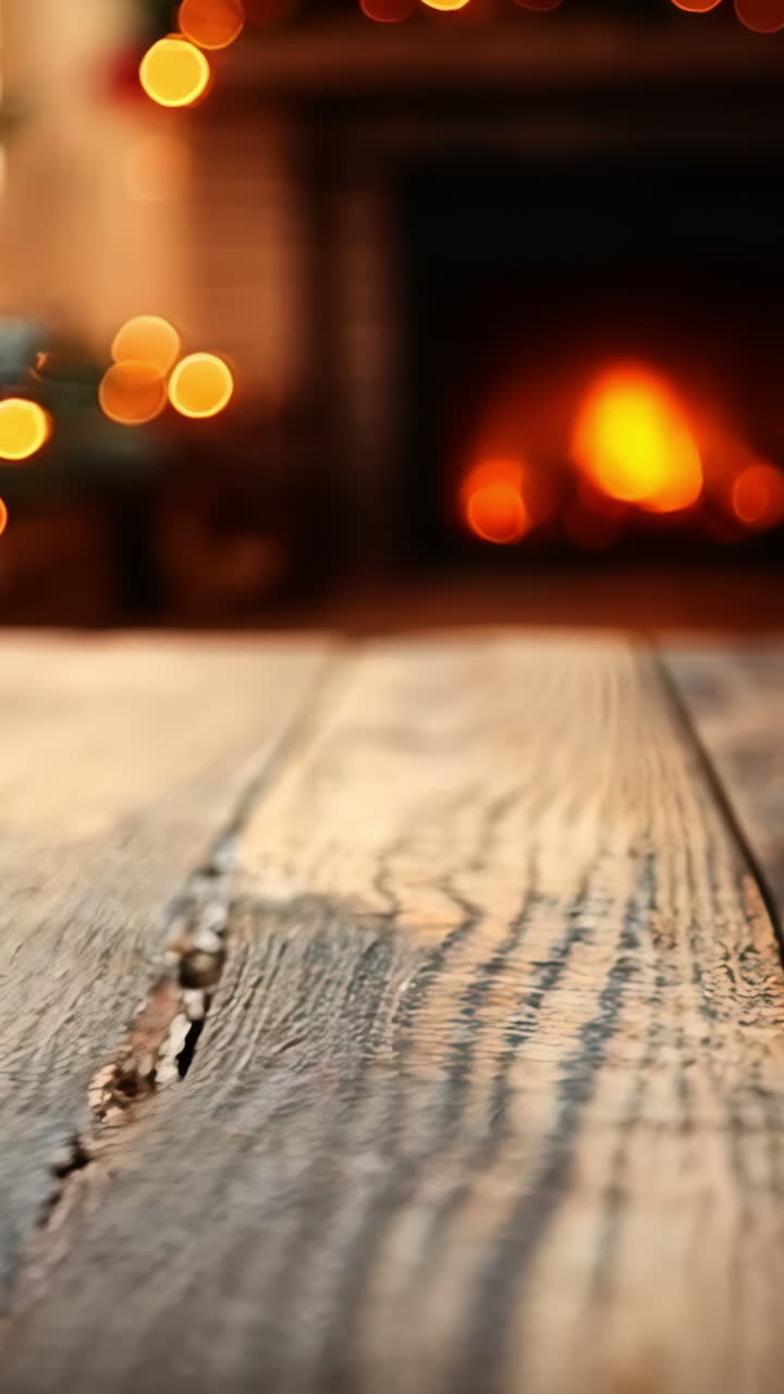 A wooden table with a fireplace in the background. The table is empty and the fireplace is lit