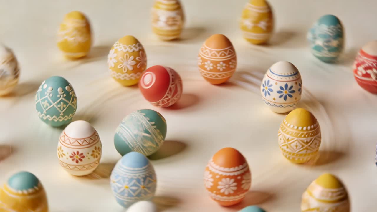 Subtle vibration starting decorated pastel eggs spinning, rolling and colliding on cream tabletop