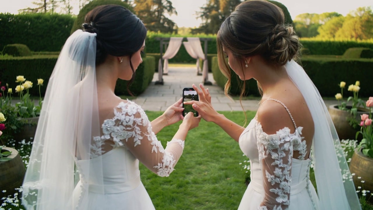 Holding phone, two brides leaning, tapping, framing aisle arch in formal garden, with lace gowns
